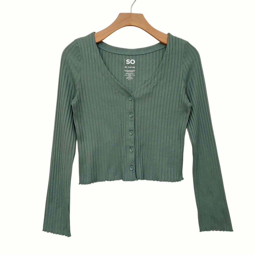 SO Ribbed Cropped Cardigan Junior XL 14/16 Green Soft Coquette Preppy Retro Y2K
